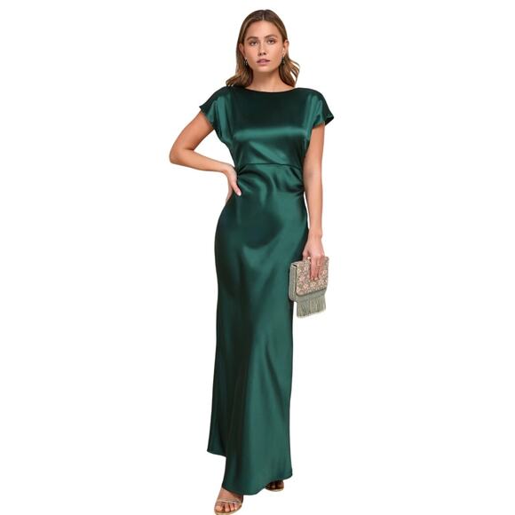 LULUS‎ Captivating Presence Forest Green Satin Cowl Back Maxi Dress-Size M - Picture 1 of 9